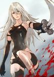  android armpits blood blood_splatter blue_eyes breasts collarbone dirty_face elbow_gloves eyelashes gloves hair_between_eyes highres holding holding_sword holding_weapon katana lips long_hair makimura_shunsuke mole mole_under_mouth nier_(series) nier_automata shorts simple_background small_breasts solo sword tank_top torn_clothes weapon white_hair yorha_type_a_no._2 