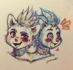  2_heads anthro arcturus blush bust_(disambiguation) collar conjoined excited fauxhawk female fur hybrid mammal multi_head neon_highlights pomander red_panda skunk star_pupils sweat sweatdrop traditional_media_(artwork) twotone 