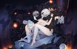  absurdres abyssal_twin_hime_(black) abyssal_twin_hime_(white) ankle_wrap artist_name bangs barefoot black_hair breasts dress elbow_gloves gloves glowing glowing_eyes hair_between_eyes hands_together headgear highres holding_hands interlocked_fingers kantai_collection kneeling leaning_on_person legs looking_at_viewer medium_breasts multiple_girls oxygen_mask shinkaisei-kan short_dress short_hair sitting sleeveless sleeveless_dress thighhighs toeless_legwear underwater white_hair yellow_eyes yun_lin 