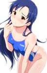  blue_hair blue_swimsuit blush breasts brown_eyes collarbone competition_swimsuit copyright_name covered_nipples groin highres idolmaster idolmaster_(classic) kisaragi_chihaya leaning_forward long_hair looking_at_viewer one-piece_swimsuit simple_background small_breasts solo swimsuit tengu_(tetuo_kun) wet white_background 