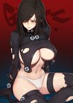  arm_support biting black_hair blush bodysuit breasts brown_eyes copyright_name covered_nipples evan_yang from_above gantz gantz_suit gradient gradient_background groin hair_over_one_eye highres large_breasts lip_biting long_hair looking_to_the_side navel panties red_background shimohira_reika sitting solo thighs torn_clothes underwear white_panties 