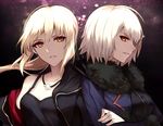  &gt;:) ahoge artoria_pendragon_(all) bangs black_ribbon blonde_hair breasts camisole collarbone cross cross_necklace crossed_arms fate/grand_order fate_(series) fur_collar hair_ribbon jacket jeanne_d'arc_(alter)_(fate) jeanne_d'arc_(fate)_(all) jewelry long_hair looking_at_viewer low_ponytail medium_breasts multiple_girls necklace open_clothes open_jacket orange_eyes pale_skin parted_lips profile ribbon saber_alter shiguru short_hair silver_hair small_breasts smile upper_body v-shaped_eyebrows wicked_dragon_witch_ver._shinjuku_1999 