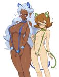  animal_ears blue_eyes blush bow bowtie breasts brown_eyes brown_hair cat_ears cat_tail circlet commentary dark_skin detached_collar embarrassed fake_animal_ears fake_tail glasses heart highres hyakujuu-ou_golion large_breasts long_hair multiple_girls navel navel_piercing pidge_gunderson piercing pointy_ears princess_allura short_hair side-by-side sideburns silver_hair simple_background slingshot_swimsuit slugbox small_breasts smile stomach sweat swimsuit tail very_long_hair voltron:_legendary_defender wristband 
