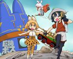  animal_ears bow bowtie commentary_request elbow_gloves eyebrows_visible_through_hair firing flying fur_collar gatling_gun giant_gorg gloves gun hair_between_eyes hat_feather head_wings japanese_crested_ibis_(kemono_friends) japari_bus japari_symbol kaban_(kemono_friends) kemono_friends lucky_beast_(kemono_friends) multicolored_hair multiple_girls pantyhose parody serval_(kemono_friends) serval_ears serval_print serval_tail shell_casing tail takanaga_kouhei translated two-tone_hair weapon 