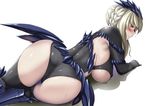  absurdres armpit_peek artoria_pendragon_(all) artoria_pendragon_(lancer_alter) ass black_legwear black_leotard blonde_hair blush braid breasts closed_mouth commentary_request covered_nipples curvy fate/grand_order fate_(series) from_behind greaves headgear highres hitotsuki_nebura large_breasts leotard looking_at_viewer looking_back pale_skin platinum_blonde_hair profile sidelocks solo sweat thighhighs underboob yellow_eyes 