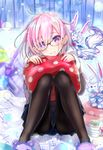  3: ahoge animal_slippers bangs bedroom black-framed_eyewear black_legwear black_skirt blush character_doll closed_mouth commentary_request cup curtains eyebrows_visible_through_hair fate/grand_order fate_(series) fou_(fate/grand_order) glasses hair_over_one_eye hands_up hood hoodie indoors keepout knees_together_feet_apart looking_at_viewer mash_kyrielight mug pantyhose pink_hair pleated_skirt polka_dot_pillow purple_eyes semi-rimless_eyewear short_hair sitting skirt slippers solo stuffed_animal stuffed_toy thighs under-rim_eyewear 