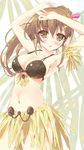  1girl :p armpits arms_up bikini blush breasts brown_eyes brown_hair cleavage eyelashes large_breasts long_hair looking_at_viewer midriff original ponytail skirt smile solo swimwear tongue tsurusaki_takahiro 