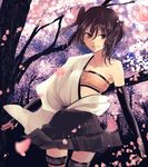  bandeau bare_shoulders breasts brown_eyes cherry_blossoms cleavage collarbone commentary_request cosplay cowboy_shot dango elbow_gloves food gloves hadanugi_dousa hair_between_eyes hakama_skirt highres japanese_clothes kajii_supana kantai_collection kimono long_hair medium_breasts partly_fingerless_gloves petals sendai_(kantai_collection) shouhou_(kantai_collection) shouhou_(kantai_collection)_(cosplay) smile solo thighhighs tree two_side_up wagashi 