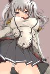  bad_id bad_pixiv_id beret black_hat breasts gloves grey_eyes hat highres junkaini kantai_collection kashima_(kantai_collection) long_sleeves looking_at_viewer looking_down medium_breasts military military_uniform miniskirt neckerchief pleated_skirt silver_hair skirt thighhighs twintails underwear uniform white_gloves 