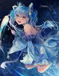  1girl blue_eyes blue_hair bows dress gloves hatsune_miku long_hair looking_at_viewer open_mouth short_dress solo twintails vocaloid 