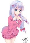  bangs blue_eyes blush bow breasts collarbone cowboy_shot dated eromanga_sensei eyebrows_visible_through_hair fingers_together frilled_sleeves frills hair_bow hands_up highres izumi_sagiri lavender_hair legs_together long_hair looking_at_viewer low-tied_long_hair menghuan_tian pajamas pink_bow pink_ribbon pocket ribbon sidelocks signature simple_background small_breasts smile solo white_background 