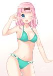  1girl ;d \m/ armpits bare_arms bare_shoulders bikini blue_eyes blush bow breasts brown_bow cleavage collarbone commentary_request cowboy_shot frilled_bikini frills fujiwara_chika gluteal_fold gradient gradient_background green_bikini groin hair_bow hand_up highres kaguya-sama_wa_kokurasetai_~tensai-tachi_no_renai_zunousen~ legs_apart long_hair looking_at_viewer medium_breasts navel one_eye_closed open_mouth pink_hair seventeen_(st17215) smile solo standing star stomach swimsuit upper_teeth white_background 