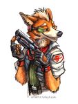  2017 black_nose blaster canine clothing fox fox_mccloud fur green_eyes gun kenket mammal nintendo orange_fur ranged_weapon simple_background smile solo star_fox video_games weapon white_fur 