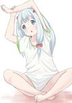  adrenaline!!! arms_up bad_id bad_pixiv_id barefoot blue_hair blush bow eromanga_sensei hair_bow highres indian_style izumi_sagiri long_hair open_mouth pink_bow shirt short_sleeves simple_background sitting sketch solo t-shirt tsukiman white_background 