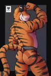  2017 anthro butt clothing d3mo feline flexing fur jockstrap looking_at_viewer looking_back male mammal mostly_nude multicolored_fur muscular muscular_male orange_fur solo striped_fur striped_tail stripes tiger two_tone_tail underwear 