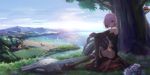  armor beach black_gloves black_legwear blue_sky blurry day depth_of_field elbow_gloves fate/grand_order fate_(series) fujimaru_ritsuka_(female) gloves hair_over_one_eye highres jia lens_flare looking_at_viewer mash_kyrielight midriff ocean outdoors pink_hair purple_eyes scenery seascape shield shiny shiny_skin short_hair sitting sky solo sunlight thighhighs tree wide_shot 