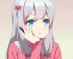  :t bangs blue_eyes blush bow eromanga_sensei eyebrows_visible_through_hair frilled_sleeves frills gradient gradient_background grey_hair hair_bow hand_on_own_cheek hand_on_own_face hand_up head_rest highres izumi_sagiri long_hair long_sleeves looking_away pajamas pink_bow pout qingchen_(694757286) sidelocks simple_background solo upper_body v-shaped_eyebrows 