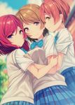  blue_bow blue_neckwear blurry blurry_background bow bowtie brown_hair commentary_request girl_sandwich green_eyes hoshizora_rin hug koizumi_hanayo looking_at_viewer love_live! love_live!_school_idol_project multiple_girls nishikino_maki orange_hair otonokizaka_school_uniform pleated_skirt purple_eyes red_hair sandwiched school_uniform short_hair short_sleeves siva_(executor) skirt smile striped striped_bow striped_neckwear sweater_vest 