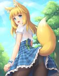  :d animal_ear_fluff animal_ears ass black_legwear blonde_hair blue_eyes bow cloud commentary day dress eyebrows_visible_through_hair fox_ears fox_girl fox_tail frilled_dress frills from_behind highres light_rays long_hair looking_at_viewer looking_back nature open_mouth original outdoors panties panties_under_pantyhose pantyhose puffy_short_sleeves puffy_sleeves sasaame see-through short_sleeves skirt skirt_lift sky smile solo sunlight tail tail_lift tree underwear white_panties wrist_cuffs 