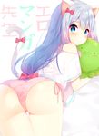  adrenaline!!! animal_ears ass bangs bent_over blue_eyes blue_hair bow cat_ears cat_tail copyright_name eromanga_sensei hair_bow highres izumi_sagiri kemonomimi_mode long_hair looking_at_viewer looking_back mafuyu_(chibi21) md5_mismatch panties pink_panties red_bow shirt side-tie_panties solo tail underwear white_shirt 