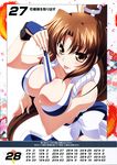  alternate_color bangs bare_shoulders between_breasts blush breasts brown_eyes brown_hair cleavage eyebrows_visible_through_hair fan fatal_fury highres izumi_mahiru large_breasts long_hair looking_at_viewer ninja non-web_source official_art ponytail queen's_blade queen's_gate revealing_clothes scan shiranui_mai simple_background smile solo the_king_of_fighters tongue tongue_out 
