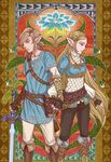  1girl blonde_hair blue_eyes earrings feet_out_of_frame gloves green_eyes hair_ornament holding_hands jewelry link long_hair momen pointy_ears ponytail princess_zelda the_legend_of_zelda the_legend_of_zelda:_breath_of_the_wild 