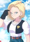  1girl absurdres android_18 bead_necklace beads belt black_gloves blonde_hair blue_eyes blue_sky breasts chris_re5 cloud cropped_vest dragon_ball dragonball_z earrings gloves highres jewelry medium_breasts necklace signature sky solo sunlight upper_body 