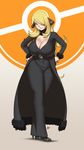  absurdres blonde_hair breasts cleavage covered_navel erica_june_lahaie hair_over_one_eye hands_on_hips high_heels highres hips huge_breasts light_smile long_hair looking_at_viewer poke_ball_symbol pokemon pokemon_(game) pokemon_sm shirona_(pokemon) smile solo yellow_eyes 