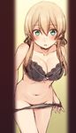  :o anchor_hair_ornament bare_arms bare_shoulders black_bra black_panties blonde_hair blush bra breasts cleavage collarbone cowboy_shot eyebrows_visible_through_hair fitting_room green_eyes groin hair_between_eyes hair_ornament kantai_collection large_breasts leaning_forward lingerie long_hair low_twintails nagami_yuu navel no_headwear open_mouth panties panty_pull prinz_eugen_(kantai_collection) pulled_by_self solo standing stomach tareme twintails underwear underwear_only undressing 