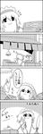  4koma bag bow braid coffin comic commentary_request cross daikon english greyscale hair_bow highres izayoi_sakuya maid_headdress monochrome pulling shaded_face shop shopping_bag shoujo_kitou-chuu smile tani_takeshi touhou translation_request twin_braids yukkuri_shiteitte_ne 