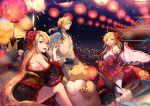  1991_(blz) 2boys 3girls :d blonde_hair blue_eyes blush bow character_request detached_sleeves eating floral_print flower hair_flower hair_ornament hair_ribbon highres japanese_clothes kimono lamp langrisser langrisser_ii leon_(langrisser) long_hair looking_at_viewer looking_away multiple_boys multiple_girls night nontraditional_miko obi open_mouth rana_(langrisser) riana_(langrisser) ribbon sarashi sash sherry_(langrisser) smile thighhighs very_long_hair white_legwear wide_sleeves yellow_eyes yukata zettai_ryouiki 