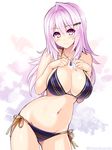  artist_name bikini blue_bikini blush breast_hold breasts cleavage collarbone cu-no hair_ornament hairclip hisenkaede jewelry large_breasts long_hair looking_at_viewer navel original pendant pink_hair purple_eyes side-tie_bikini simple_background solo swimsuit twitter_username yayoi_sakura 