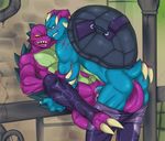  anal anal_penetration anthro biceps blue_skin blush crylin cum eye_contact invalid_tag male male/male penetration purple_skin reptile scalie sex shell smile tail_sex turtle turtles wounded 