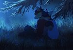  akitamonster anthro black_nose brown_hair canine clothed clothing detailed_background dog duo fur grass hair male mammal night outside sitting 