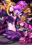  alternate_costume alternate_hair_color animal_ears bell black_gloves blonde_hair braid brown_eyes cravat dragon dragon_sorceress_zyra dragon_tail dragon_tamer_lulu dragon_tamer_tristana dragon_tamer_zyra dress facepaint gloves goggles goggles_on_head green_dress hat hat_ornament highres horns jingle_bell league_of_legends long_hair looking_at_viewer lulu_(league_of_legends) midriff monster_girl multiple_girls navel pink_hair pointy_ears ponytail purple_eyes purple_hair purple_skin scales sitting tail tanpopo_hayabusa-maru tristana yordle zyra 