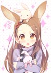  :o animal animal_ears animal_on_head blush brown_eyes brown_hair bunny bunny_ears bunny_on_head crossed_arms doll_hug ech extra_ears hair_ribbon idolmaster idolmaster_(classic) idolmaster_2 kemonomimi_mode long_hair long_sleeves looking_at_viewer minase_iori on_head open_mouth ribbon solo sparkle stuffed_animal stuffed_bunny stuffed_toy upper_body v-shaped_eyebrows 