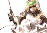  aestus_estus bad_id bad_pixiv_id bangs blonde_hair breasts chain closed_mouth detached_collar dress expressionless eyebrows_visible_through_hair fate/extra fate/extra_ccc fate_(series) feathers gloves holding holding_sword holding_weapon lock medium_breasts nero_claudius_(bride)_(fate) nero_claudius_(fate)_(all) short_hair shunichi simple_background solo sword upper_body veil weapon white_background white_dress white_gloves white_sleeves wreath 