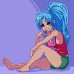  arm_rest barefoot blue_hair botan_(yuu_yuu_hakusho) breasts casual cleavage covered_nipples from_side full_body grin hair_tie highres medium_breasts plague_of_gripes ponytail purple_eyes short_shorts shorts sideboob smile solo tank_top yuu_yuu_hakusho 