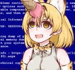  animal_ears blonde_hair blue_background blue_screen_of_death bow bowtie cat_ears disco_brando empty_eyes food ice_cream ice_cream_cone kemono_friends open_mouth serval_(kemono_friends) serval_ears serval_print short_hair signature sleeveless 