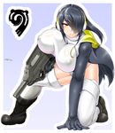  arm_support black_hair breast_rest breasts brown_eyes commentary_request covered_navel covered_nipples emperor_penguin_(kemono_friends) ghost_in_the_shell gun hair_over_one_eye headphones highleg highres holding holding_gun holding_weapon hood hoodie huge_breasts japari_symbol kemono_friends kneeling legs leotard logo_parody long_hair looking_at_viewer multicolored_hair open_clothes parody rifle saizu_nitou_gunsou solo thighhighs thighs weapon white_legwear white_leotard 