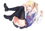  absurdres ass black_legwear blonde_hair blue_eyes fang highres loafers long_hair looking_at_viewer naemperor panties pleated_skirt saenai_heroine_no_sodatekata sawamura_spencer_eriri school_uniform serafuku shoes skirt smile solo thighhighs twintails underwear white_background white_panties 