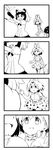  4koma animal_ears bow bowtie comic commentary common_raccoon_(kemono_friends) fang greyscale hat helmet highres kemono_friends kyokucho monochrome multiple_girls open_mouth pith_helmet raccoon_ears serval_(kemono_friends) serval_ears serval_print silent_comic smile 