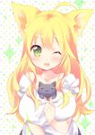  :3 ;d =_= ahoge animal_ears arms_at_sides bangs between_breasts blonde_hair breasts cat cat_ears collarbone ech eyebrows_visible_through_hair green_eyes hair_between_eyes large_breasts long_hair looking_at_viewer one_eye_closed open_mouth original polka_dot polka_dot_background smile solo upper_body wavy_hair 