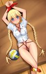  :t arms_up ball bdsm blonde_hair blue_eyes blush bondage bottomless bound bound_knees bound_wrists braid collarbone everlasting_summer highres huyase karada long_hair looking_at_viewer lying mat navel on_back pout pussy rope shibari shibari_under_clothes shirt slavya-chan twin_braids very_long_hair volleyball white_shirt wooden_floor 