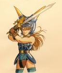  1girl armor bangs brown_gloves cowboy_shot daisy_(dq) dragon_quest dragon_quest_yuusha_abel_densetsu gloves helmet highres holding holding_sword holding_weapon horned_helmet lee_(dragon_garou) long_hair orange_eyes orange_hair solo sword thighhighs toned toriyama_akira_(style) traditional_media weapon 