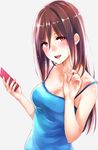  blush breasts brown_eyes brown_hair camisole cellphone cleavage fingernails grey_background hair_between_eyes long_hair medium_breasts napata original phone simple_background smartphone smile solo 