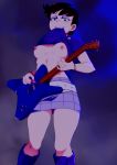  1girl blue_eyes blue_footwear breasts brown_hair electric_guitar fang guitar highres instrument jcm2 luna_loud makeup mouth_hold night nipples no_bra purple_skirt shirt_lift short_hair skirt small_breasts smile solo the_loud_house 