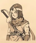  1boy belt cape circlet cosplay dragon_quest dragon_quest_iii dragon_quest_xi hero_(dq11) highres lee_(dragon_garou) male_focus marker_(medium) monochrome roto roto_(cosplay) smile solo sword toriyama_akira_(style) traditional_media upper_body weapon 