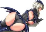  armpit_peek artoria_pendragon_(all) artoria_pendragon_(lancer_alter) ass black_legwear black_leotard blonde_hair blush braid breasts closed_mouth commentary_request covered_nipples fate/grand_order fate_(series) from_behind greaves headgear hitotsuki_nebura large_breasts leotard looking_at_viewer looking_back platinum_blonde_hair profile sidelocks solo sweat thighhighs underboob yellow_eyes 