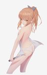  ass bangs brown_eyes brown_hair closed_mouth dimples_of_venus elf from_side highres holding holding_knife holding_weapon knife light_smile long_hair looking_at_viewer maredoro no_bra original panties pointy_ears ponytail sidelocks simple_background solo standing thighs towel underwear weapon white_background white_panties 